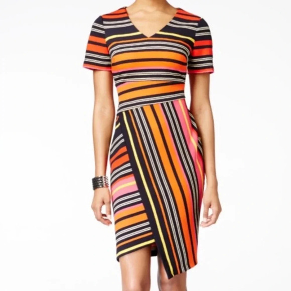 ECI NEW YORK Asymmetrical Striped Red Cocktail Mini Dress - Picture 1 of 10